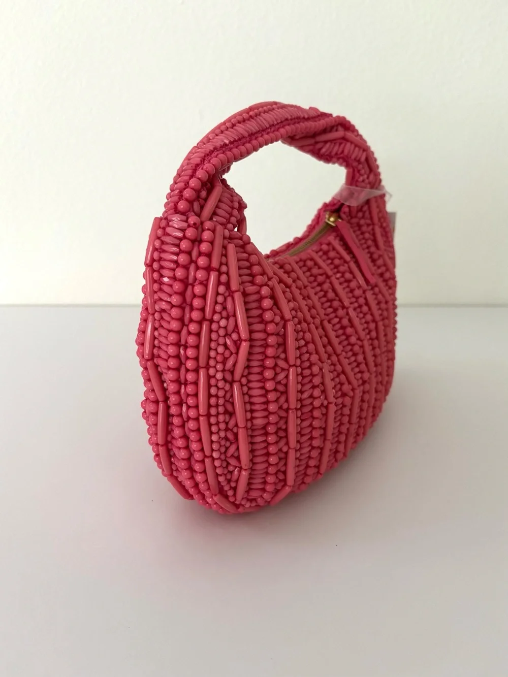 Handcrafted In India Pink Beaded Hobo Handbag NWT Half-Round Zipper Closure